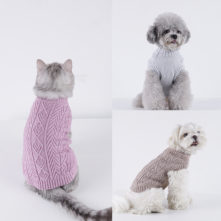定制定制猫冬季服装实心电缆小狗小猫针织套头衫